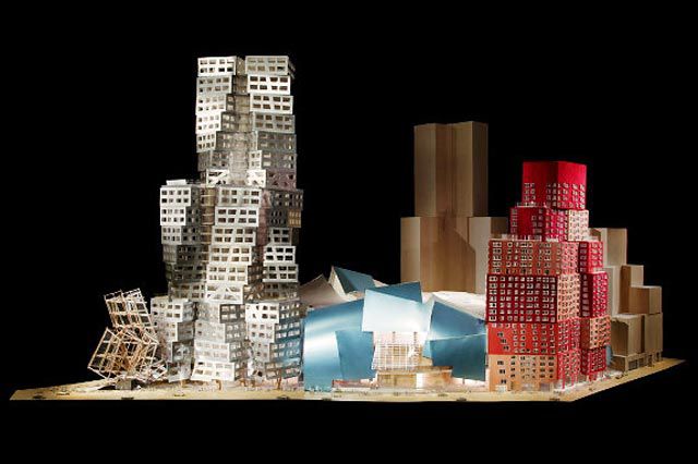 The new buildings will look nothing like this 2008 model of the "B1" building Gehry designed to replace his Miss Brooklyn design